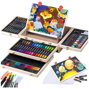 Kit Lápis de Cor Profissional POPYOLA com Maleta de Madeira 84 peças Tintas Acrílicas, Aquarela, Marrom Claro