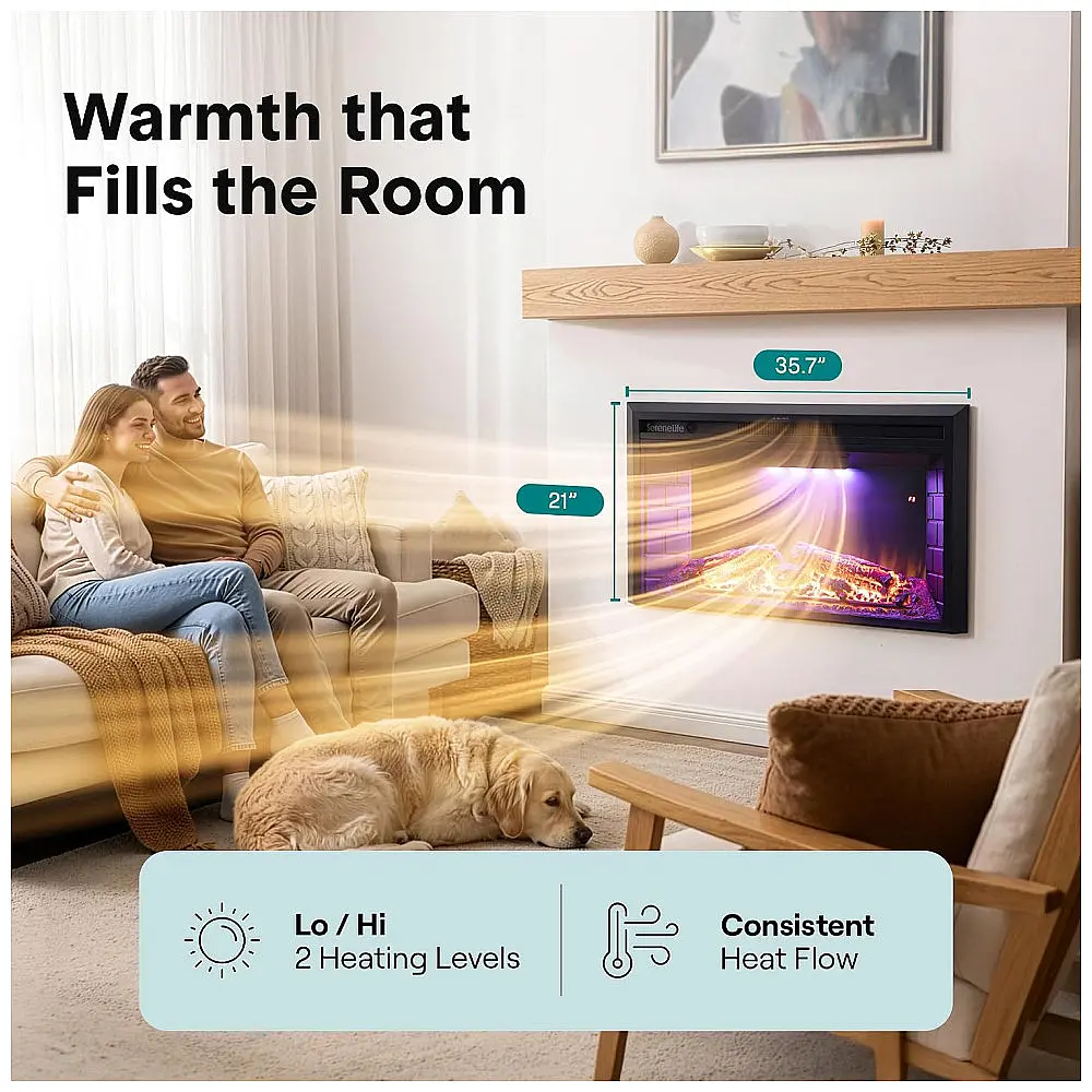 Lareira Elétrica de Embutir SereneLife SLFPE36WBK.5 91,4 cm Aquecimento 1.500W Wi-Fi Parede Sala — foto 2