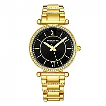 Relógio Stuhrling Aria 3905 Clássico 36mm, Mostrador Preto, Pulseira e Fivela Dourada em Aço Inoxidável