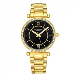 Relógio Stuhrling Aria 3905 Clássico 36mm, Mostrador Preto, Pulseira e Fivela Dourada em Aço Inoxidável
