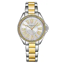 Relgio Stuhrling The Dynasty 4025 com moldura de cristal japons de 40 mm, mostrador prateado e pulseira de dois tons amarela.