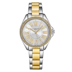 Relgio Stuhrling The Dynasty 4025 com moldura de cristal japons de 40 mm, mostrador prateado e pulseira de dois tons amarela.