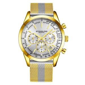 Relógio Stuhrling Rialto 44mm Cronógrafo Mostrador Prateado Pulseira Liga de Ouro 18K