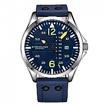 Relógio Stuhrling Aeronaut Aviador 43 mm, Mostrador Azul com Detalhes Prateados, Pulseira Couro Azul