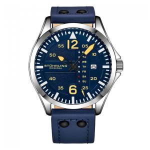 Relógio Stuhrling Aeronaut Aviador 43 mm, Mostrador Azul com Detalhes Prateados, Pulseira Couro Azul