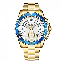 Relógio Stuhrling Brigadeiro 42mm Moldura Azul, Mostrador Branco, Ponteiros Amarelos, Pulseira Ouro Amarelo