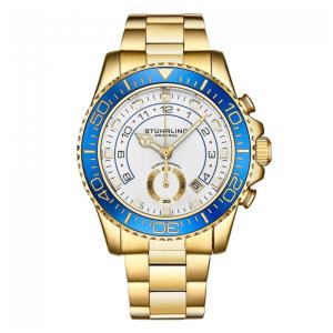 Relógio Stuhrling Brigadeiro 42mm Moldura Azul, Mostrador Branco, Ponteiros Amarelos, Pulseira Ouro Amarelo
