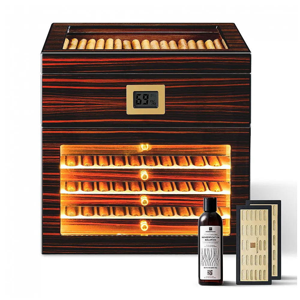 Humidor Gabinete Woodronic Ébano com LED para 100 Charutos Cedro Espanhol Higrômetro Digital