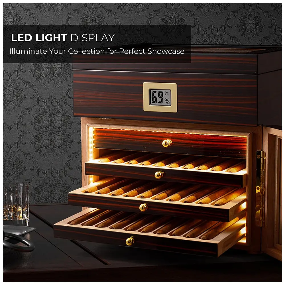 Humidor Gabinete Woodronic Ébano com LED para 100 Charutos Cedro Espanhol Higrômetro Digital — foto 2