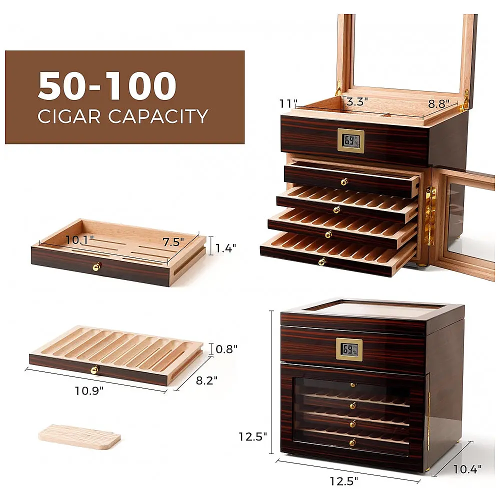 Humidor Gabinete Woodronic Ébano com LED para 100 Charutos Cedro Espanhol Higrômetro Digital — foto 3