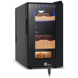 Umidor Elétrico Tylza 25 Litros com Controle de Umidade e Temperatura, Gabinete de Cedro Espanhol, Trava de Segurança e Refrigerador, 170L