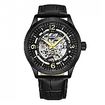 Relgio Automtico Stuhrling Dinamarca 3947, 42mm, Mostrador Preto, Pulseira de Couro Preto com Fivela Tang Preta