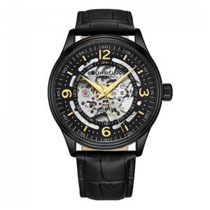 Relgio Automtico Stuhrling Dinamarca 3947, 42mm, Mostrador Preto, Pulseira de Couro Preto com Fivela Tang Preta