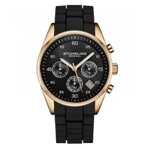 Relógio Chronograph 42mm com Mostrador Preto e Caixa em Ouro Rosa, Pulseira de Silicone Preta, Stuhrling.