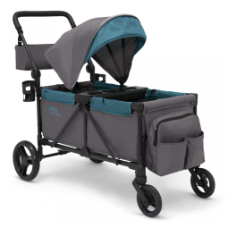 Carrinho de Passeio Vagão Duplo Multifuncional com Capota e Armazenamento, Jeep, Cinza e Azul