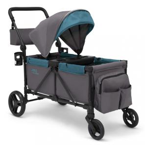 Carrinho de Passeio Vagão Duplo Multifuncional com Capota e Armazenamento, Jeep, Cinza e Azul