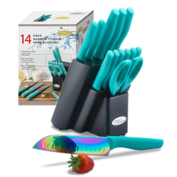 Conjunto de Facas Marco Almond KYA27 14 Peças Inox Lâmina Arco-Íris Cabo Azul Bloco Preto Cozinha 24 cm
