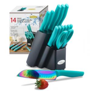 Conjunto de Facas Marco Almond KYA27 14 Peças Inox Lâmina Arco-Íris Cabo Azul Bloco Preto Cozinha 24 cm