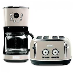 Kit Cafeteira Programável 12 Xícaras Inox + Torradeira 4 Fatias Slots Largos, Controle Tostagem, Haden, Putty/Chrome, 110V