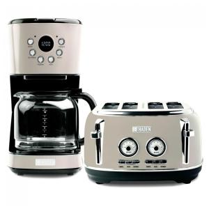 Kit Cafeteira Programável 12 Xícaras Inox + Torradeira 4 Fatias Slots Largos, Controle Tostagem, Haden, Putty/Chrome, 110V