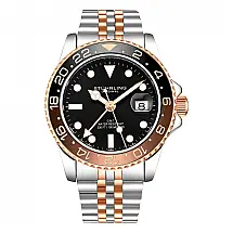 Relógio Stuhrling Meridian 42mm GMT, Mostrador Preto, Pulseira de Aço Inoxidável Rosé, Elegância e Precisão