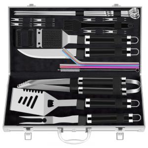Kit Churrasco na Grelha 25 Peças de Aço Inoxidável e Escova de Limpeza com Estojo de zenamento, ROMANTICIST grill accessories, Prateado