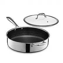 Frigideira Funda HexClad Hybrid 5,5L Prata Aço Inox + Cerâmica Antiaderente Tampa Vidro
