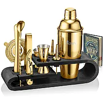 Kit Bartender Profissional 10 Peças em Aço Inoxidável com Suporte de Bambu, ROCKSLY, Dourado