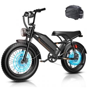 Bicicleta elétrica Jasion YR20 preta nightfall pneus 20x4 motor 1000W nominal 3000W pico bateria 48V 20Ah 960Wh suspensão dupla 7 marchas
