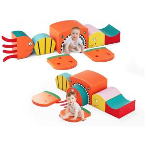 Blocos de Espuma Lischwert para Bebês, Tema Tubarão, Blocos Macios com Túnel Dobrável, Brinquedo Indoor para Bebês 1-3 Anos, 6 Peças.