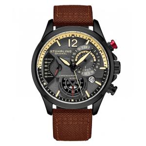 Relógio Stuhrling Aviador 45mm, Mostrador Cinza/Preto, Pulseira Couro Marrom com Fivela Tang Preta