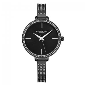 Relógio Stuhrling Pentai 36mm, Design Fashion, Mostrador Preto, Pulseira Aço Inoxidável Preta com Fivela