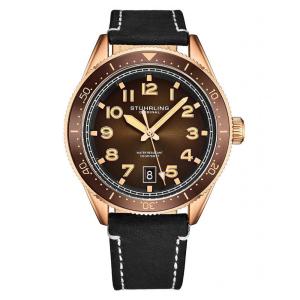 Relógio Stuhrling 42mm Mostrador Marrom, Pulseira Couro Preta e Fivela Ouro Rosa - Elegância e Estilo