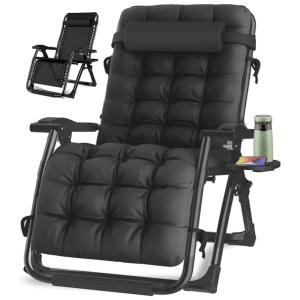 Oversized Cadeira Reclinável Ajustável Gravidade Zero com Apoio de Cabeça e Porta Copos, Preta