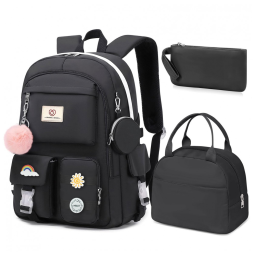 Mochila escolar Fitvc juvenil feminina preta, conjunto 6 peças com lancheira, estojo, bolsa de moeda e pins decorativos