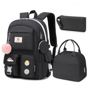 Mochila escolar Fitvc juvenil feminina preta, conjunto 6 peças com lancheira, estojo, bolsa de moeda e pins decorativos