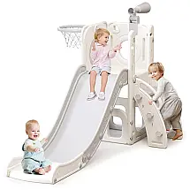 Escorregador 7 em 1 YUYUE para Bebês de 1-3 anos, Escorregador Extra Longo com Cesta de Basquete, Playground Independente para Crianças