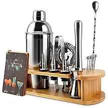 Kit Bartender Profissional 16 Peças em Aço Inoxidável com Suporte de Bambu e Livro de Receitas, EPTISON, Prata