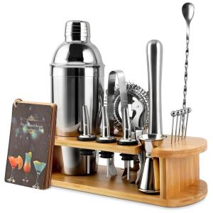 Kit Bartender Profissional 16 Peças em Aço Inoxidável com Suporte de Bambu e Livro de Receitas, EPTISON, Prata
