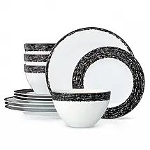 Conjunto de Jantar Noritake 12 Peças Porcelana Branco e Preto, Redondo, Elegância e Sofisticação para Sua Mesa
