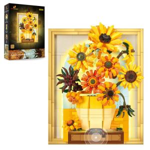 Kit de Construção Quadro Van Gogh Girassol de Flores com Luzes e 1166 Peças, JMBricklayer, Amarelo
