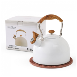 Chaleira de Chá 2.5 Litros em Aço Inoxidável com Apito e Alça de Madeira, LONFFERY, Branca
