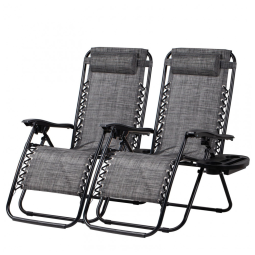 Conjunto de 2 Cadeiras de Praia Reclináveis Nazhura em Aço com Design de Malha, Almofada e Porta-Copos - Cinza