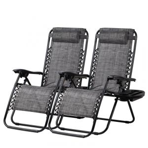 Conjunto de 2 Cadeiras de Praia Reclináveis Nazhura em Aço com Design de Malha, Almofada e Porta-Copos - Cinza