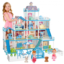 Casa de Bonecas com 11 Quartos, Figuras de Boneca, Cachorrinhos, Móveis, Acessórios e Luz LED para Crianças de 3 a 10 Anos, OCTERIC, Azul