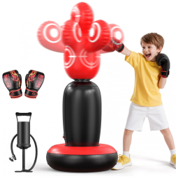 QPAU Saco de Pancadas Inflável para Crianças 163cm com 4 Alvos e Luvas de Boxe – Treinamento de Karate e Taekwondo
