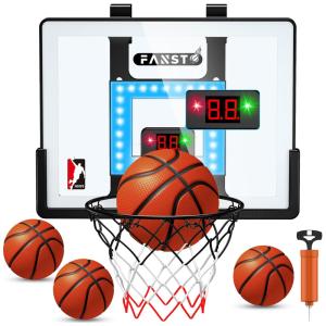 Cesta de Basquete com 4 Bolas, Placar Eletrônico, 2 Modos de Jogo e LED Anti-Impacto, Presente Ideal para Crianças, Fansto, Branco