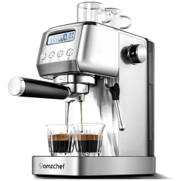 Máquina de Café Expresso 20 BAR com Painel LCD e Bocal Espumador de Leite, 110V 1350W, Amzchef, Prata