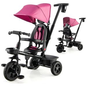 Triciclo Infantil para Passeio com Assento Ajustável 4 Estágios, Idade Recomendada 6 Meses a 5 Anos, BABY JOY, Rosa