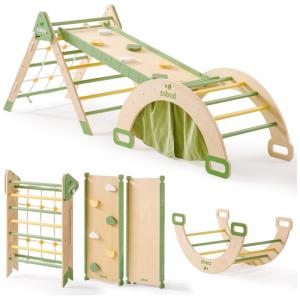 Kit de Escalada Educativo de Madeira 7 em 1 da ROBUD, Escorregador, Balanço, Túnel e Rede para Crianças, Conjunto Montessoriano de Escalada